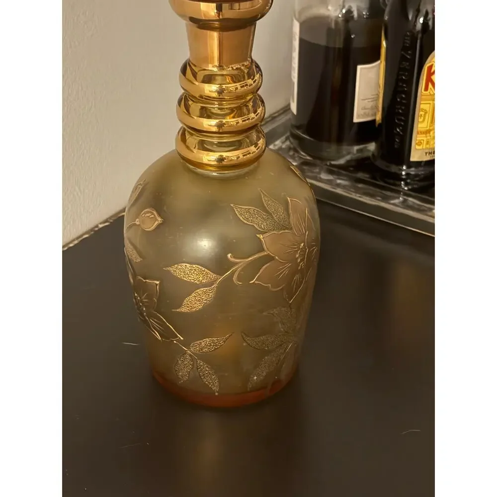 Vintage MOSER Large Decanter Art Nouveau tall stopper 19” Gold Floral 60s
